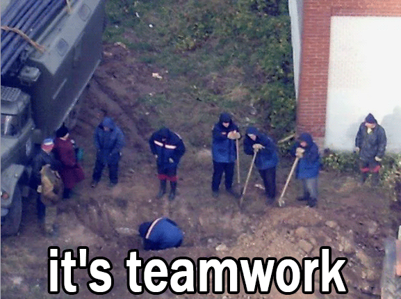 Teamwork, One works, others watch, meme