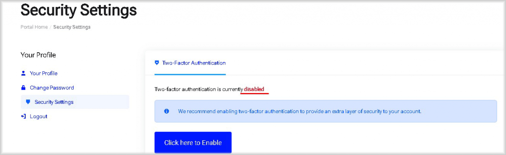 "Security Settings" window of the Peerobyte account. Two-factor authentication is disabled.