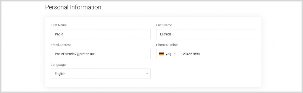 "Personal Information" section on the "Account Information" page