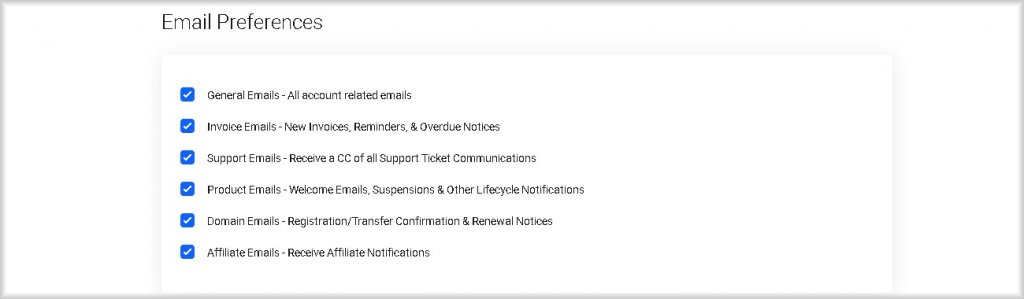 "Email Preferences" section on the "Account Information" page