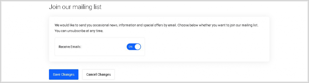 "Join Our Mailing List" section on the "Account Information" page