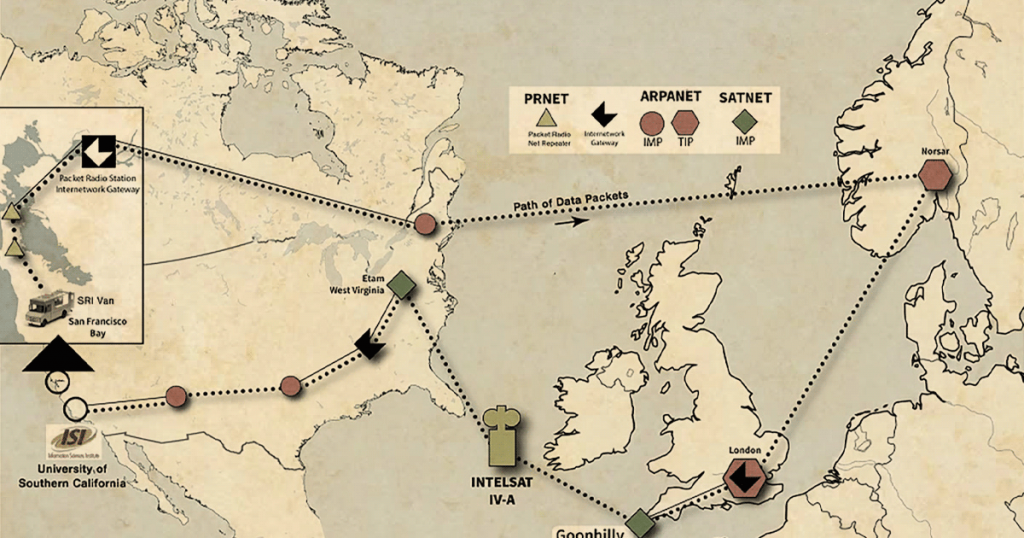 Map depicting early internet data packet paths, scheme