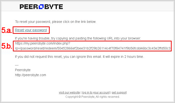 The email from Pyrobyte with links to reset a lost password.