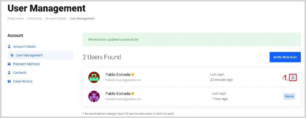 User Management page in Peerobyte: How to Delete Permissions