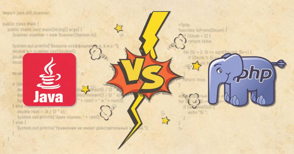 Java and PHP logos clashing, symbolizing programming language battle, illustration