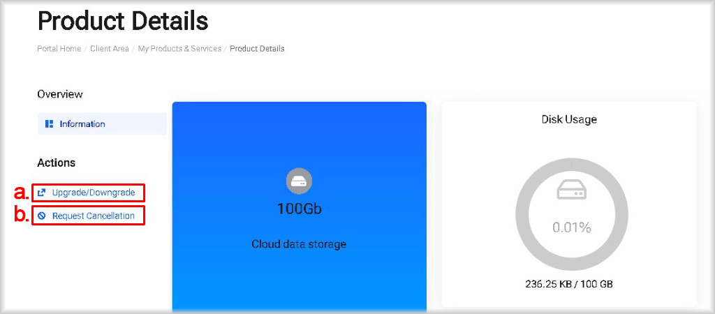 Upgrade/downgrade and request cancellation of cloud data storage.