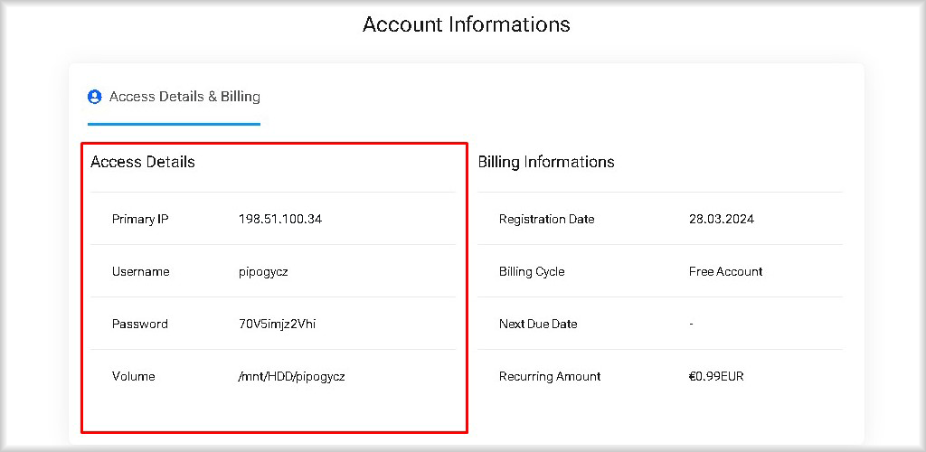 Cloud data storage Access details