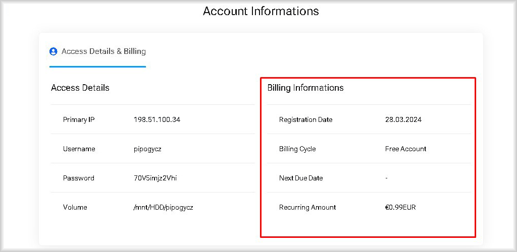 Cloud data storage Billing Information.