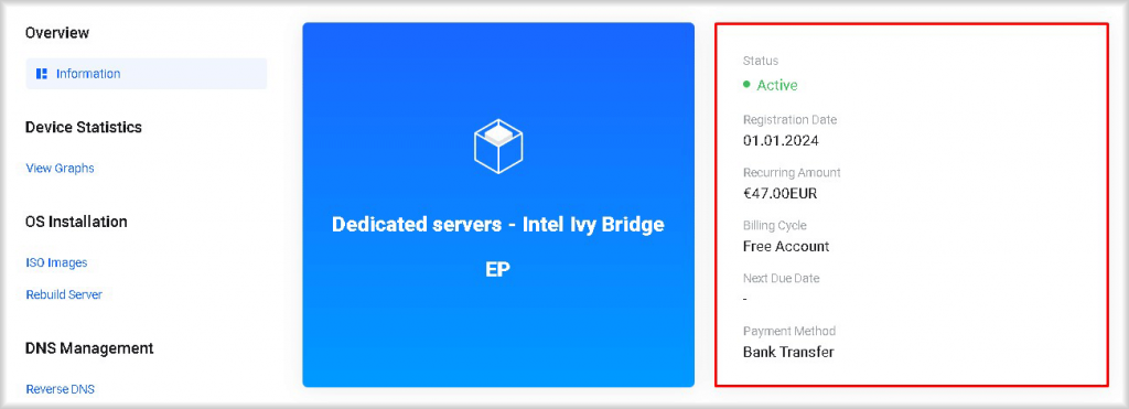 Dedicared server billing Information