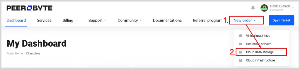 Navigating to the cloud storage ordering page from the Peerobyte control panel