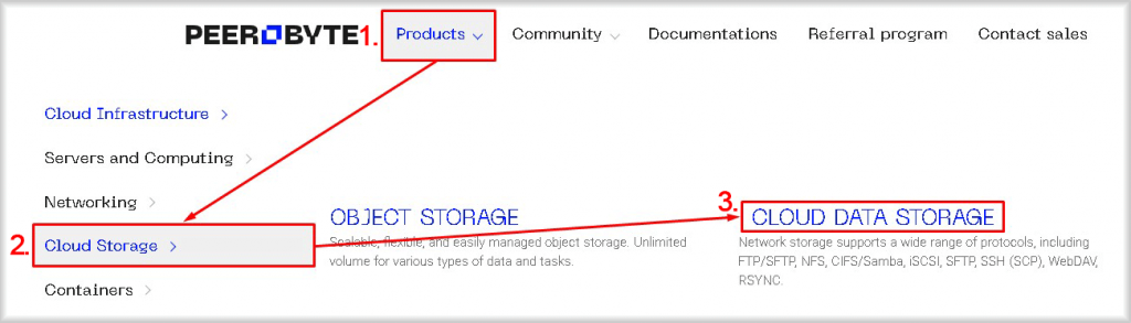 Navigating to the cloud storage ordering page from the Peerobyte website