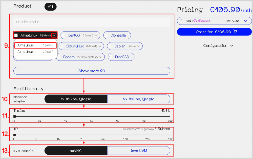 Selection of operating system version, network adapter, traffic volume, number of IPs, console type