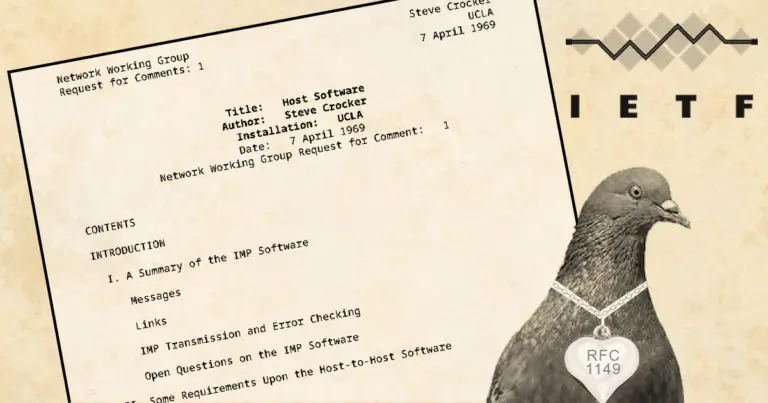 First Request for Comments document with IETF and pigeon, illustration