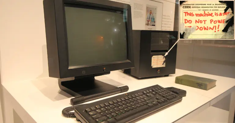 First web server computer displayed at CERN with warning sign, photo
