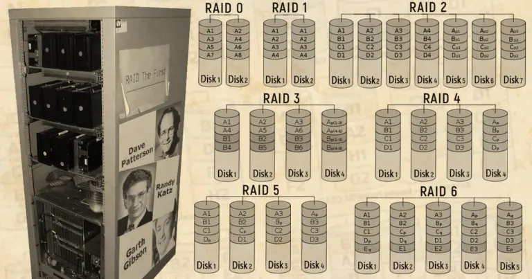 Explanation of RAID levels with image of first RAID system, scheme