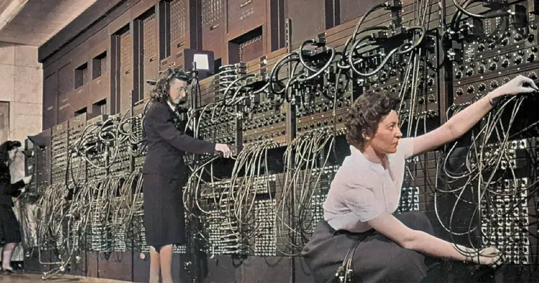 Early telephone operators at manual switchboard, photo