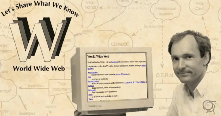 Tim Berners-Lee presenting the early concept of the World Wide Web, illustration