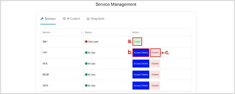 Buttons for access information, enabling and disabling the communication protocol with the data storage.