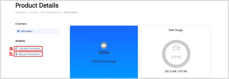Upgrade/downgrade and request cancellation of cloud data storage.