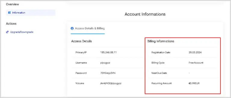 Cloud data storage Billing Information.