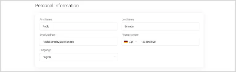 "Personal Information" section on the "Account Information" page