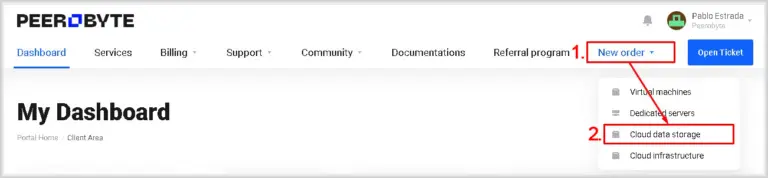 Navigating to the cloud storage ordering page from the Peerobyte control panel