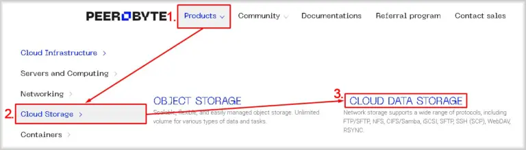 Navigating to the cloud storage ordering page from the Peerobyte website