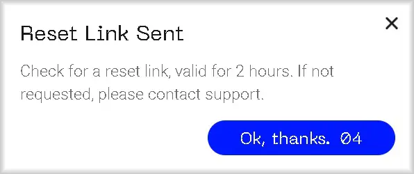 The "Reset Link Sent" message on Peerobyte website