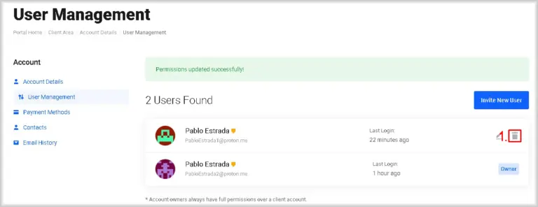 User Management page in Peerobyte: How to Delete Permissions